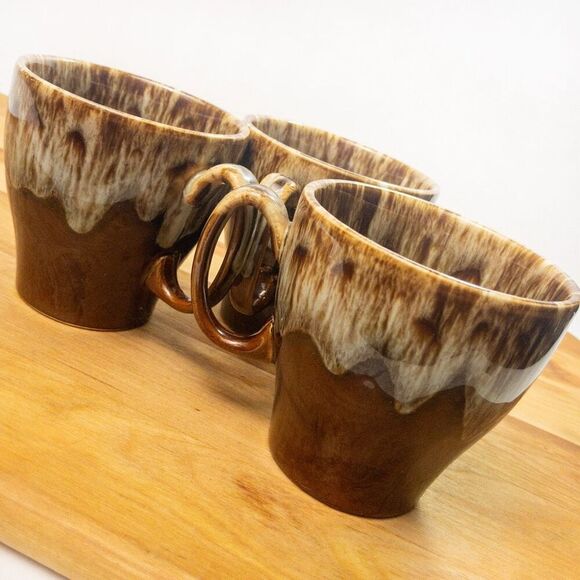 Vtg Brown Drip Glaze Coffee Cups Set of 3 - Picture 3 of 8